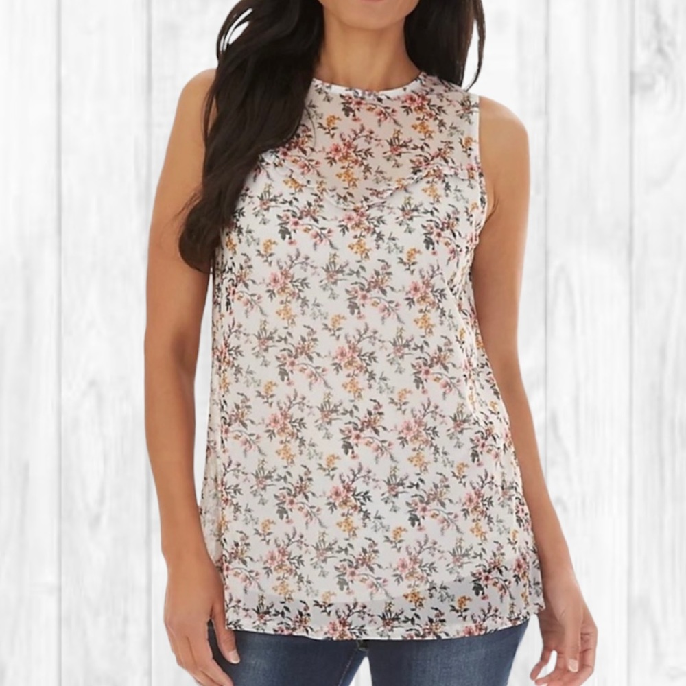 Apt 9 Print Mesh Ruffled Trapeze Ivory Ditsy Sleeveless Top (XXL) NWT